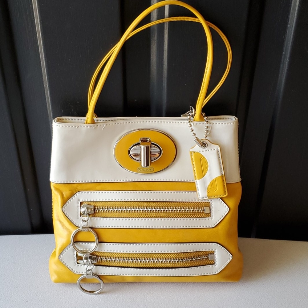 Yellow and White Leather Coach Bag